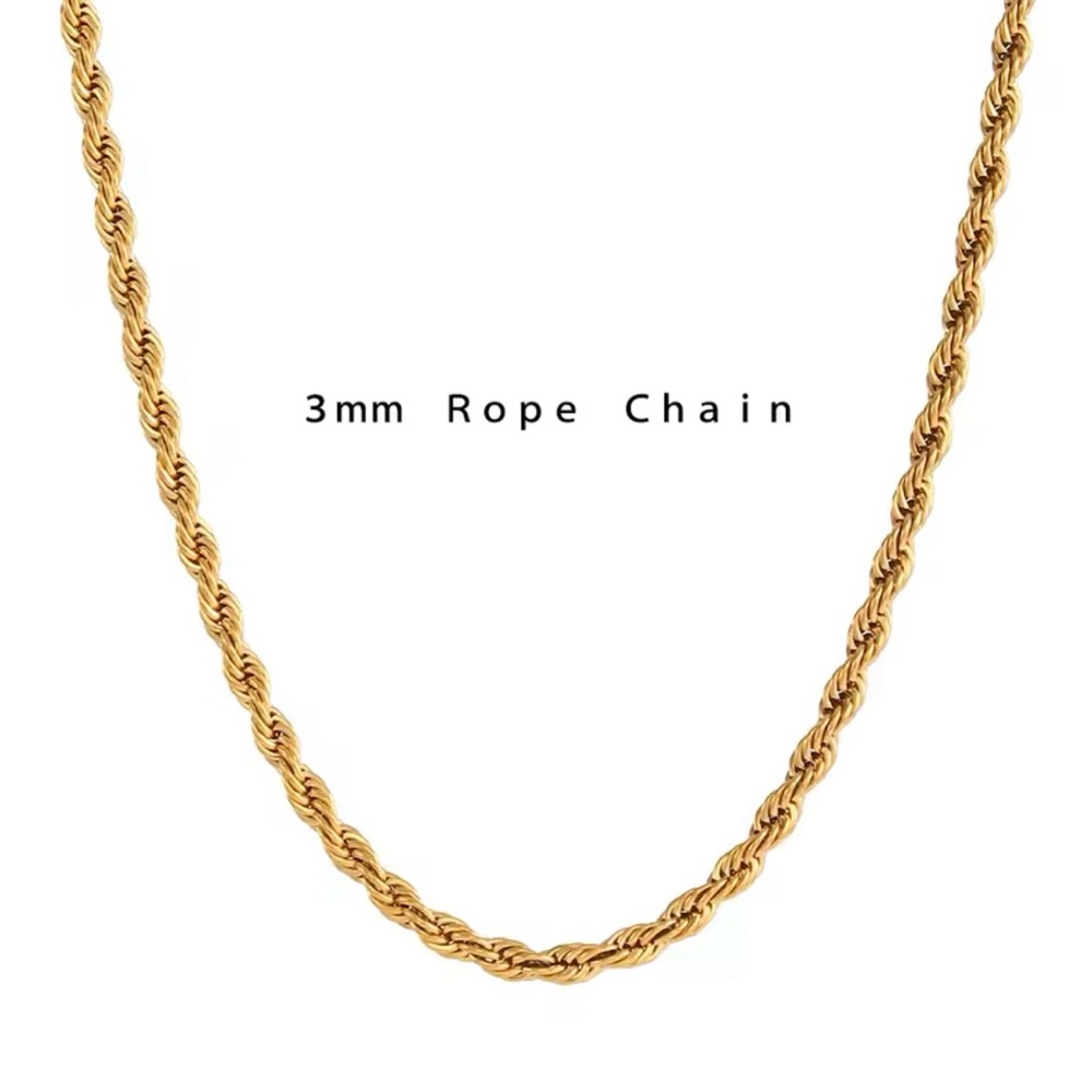 3mm Timeless 18k Gold-Plated Rope Chain Necklace – Stainless Steel, Tarnish free